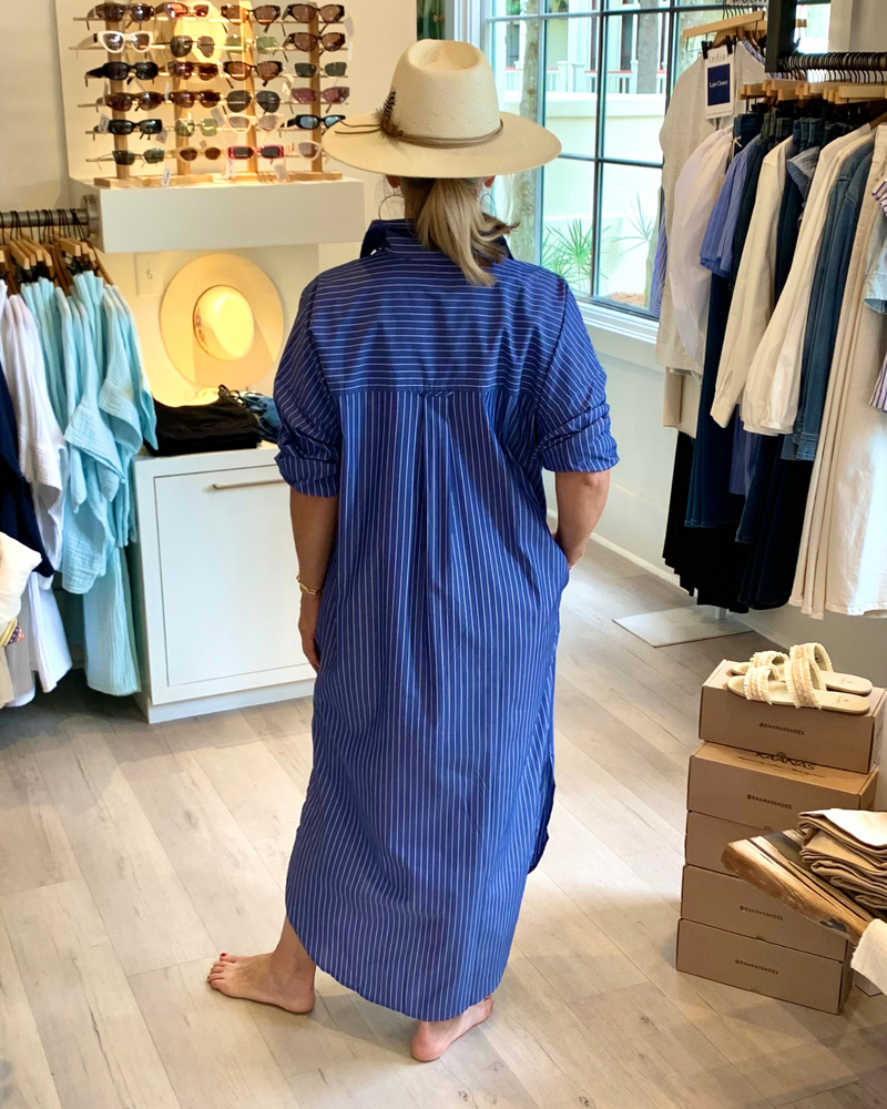 
                  
                    Load image into Gallery viewer, Phoebe Shirtdress in Royal Pin Stripe
                  
                