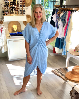 
                  
                    Load image into Gallery viewer, Front Twist Linen Dress in Sky Blue
                  
                