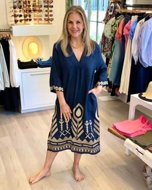 
                  
                    Load image into Gallery viewer, Kori Feather Caftan in Navy/Gold
                  
                