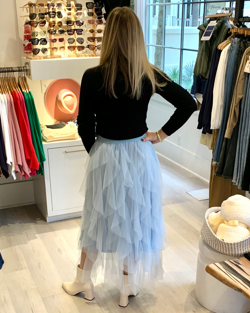 
                  
                    Load image into Gallery viewer, All The Frills Tulle Midi Skirt in Ice Blue
                  
                