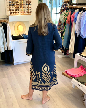 
                  
                    Load image into Gallery viewer, Kori Feather Caftan in Navy/Gold
                  
                