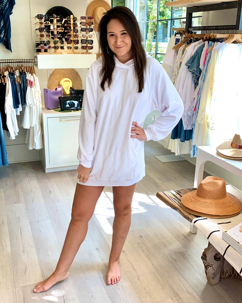 
                  
                    Load image into Gallery viewer, Terry Cloth Hooded Dress in White
                  
                